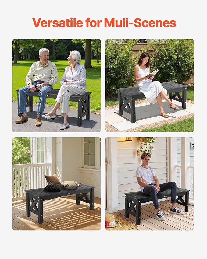 VEVOR Outdoor Bench, 44.5 inch, 600 lbs Weight Capacity, Weatherproof Plastic Frame with Adjustable Level Footpads and Thick Leg, Outside Bench for Patio, Garden, Park, Yard, Front Porch, Black