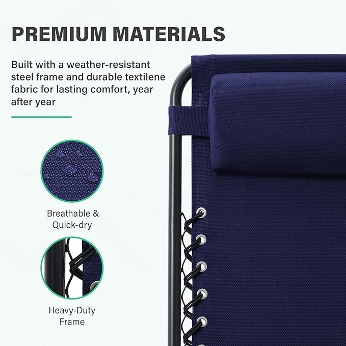 JEAREY Oversized Zero Gravity Lounge Chairs Set of 2, Adjustable Steel Mesh Recliners with Pillows and Cup Holder Trays for Patio, Garden, Beach, Navy Blue