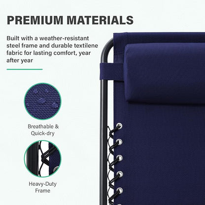JEAREY Oversized Zero Gravity Lounge Chairs Set of 2, Adjustable Steel Mesh Recliners with Pillows and Cup Holder Trays for Patio, Garden, Beach, Navy Blue