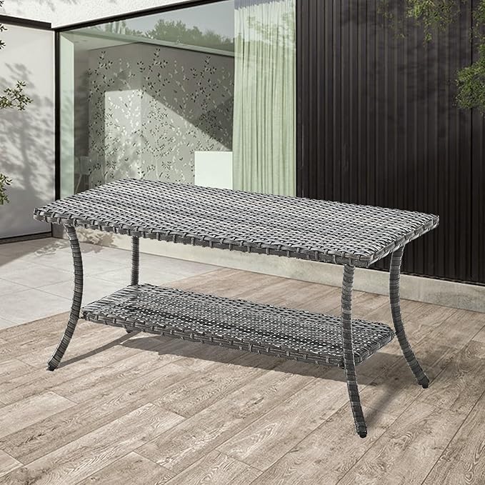 Rilyson Patio Tables Outdoor Coffee Table - Wicker Rattan Coffee Tables with 2-Tier Storage Shelf Side Table for Porch Deck Balcony Garden Outside Rectangle Mixed Grey