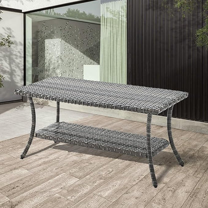 Rilyson Patio Tables Outdoor Coffee Table - Wicker Rattan Coffee Tables with 2-Tier Storage Shelf Side Table for Porch Deck Balcony Garden Outside Rectangle Mixed Grey