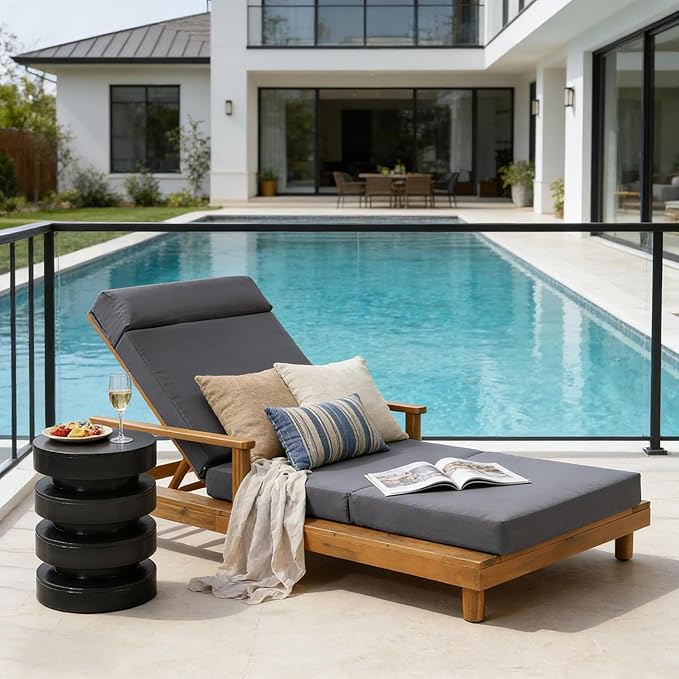 Merax Acacia Wood Outdoor Chaise Lounge Chair Set of 2, Thick 4-Fold Cushion & Headrest, 3-Position Adjustable Backrest, Modern 76.8" L Large Patio Pool Sun Lounger for Garden Beach Yard, Dark-Grey