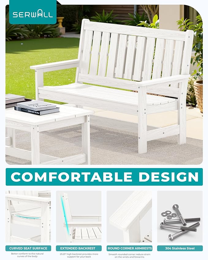 SERWALL Outdoor Bench with Cup Holder, 58" HDPE Garden Park Bench Suitable for 3 Person - Photo 5