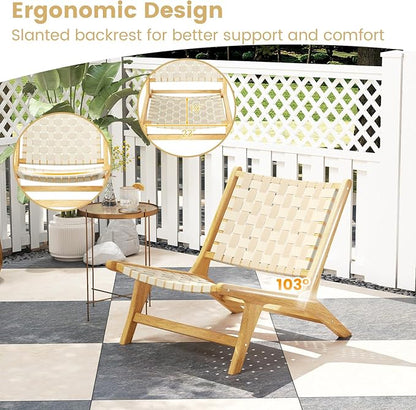 Tangkula Teak Wood Patio Dining Chair Set of 4, Outdoor Wooden Mid-Century Accent Armless Chair w/Webbing Seat & Backrest, for Living Room, Balcony, Porch, Backyard, Lawn, Poolside, Garden, Deck
