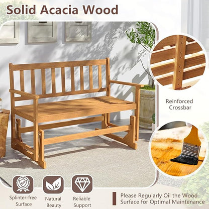 RELAX4LIFE 2-Person Outdoor Glider Bench - Acacia Wood Heavy Duty 800 LBS Double Swing Rocking Chair w/Slatted Seat, Backrest & Armrests, Loveseat Rocker for Porch Garden, 2-Seater Wooden Patio Glider
