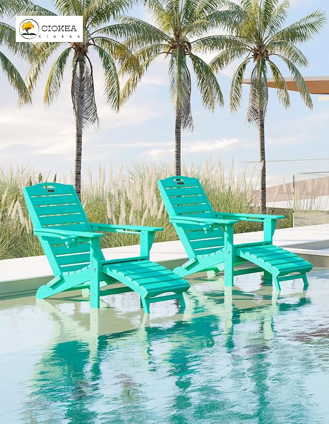 Ciokea Folding Adirondack Chair Set of 2 with Retractable Ottoman Fire Pit Patio Chair with Pull Out Foot Rest Weather - Photo 2
