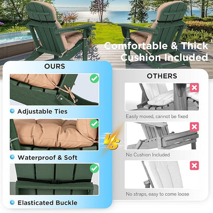 nalone Folding Adirondack Chairs Set of 2 with Cushion with Cup Holder, HDPE Plastic Oversized Patio Chair Weather Resistant, Used in Outdoor, Fire Pit, Deck, Garden, Campfire Chairs (Green)