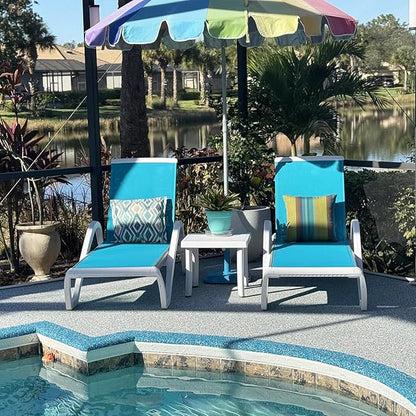PURPLE LEAF Patio Chaise Lounge Chair Set of 3 Outside Aluminum Plastic Stackable Tanning Chairs with Armrests and Side Table for Pool Sunbathing Beach Deck Outdoor Lounger, Turquoise Blue