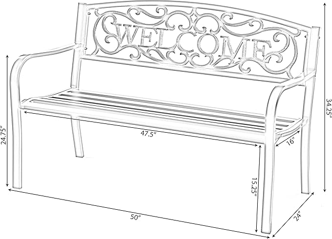 Steel Outdoor Patio Garden Park Seating Bench with Cast Iron Welcome Backrest, Front Porch Yard Bench Lawn Decor