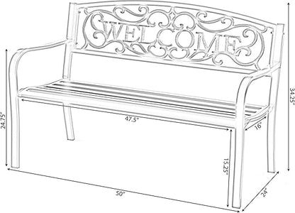 Steel Outdoor Patio Garden Park Seating Bench with Cast Iron Welcome Backrest, Front Porch Yard Bench Lawn Decor