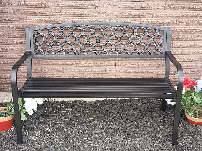 Dkeli Patio Bench Garden Bench Outdoor Bench 50” Metal Porch Chair with Armrests Sturdy Steel Frame Furniture, 480LBS Weight Capacity for Park Yard Patio Deck Lawn, Black