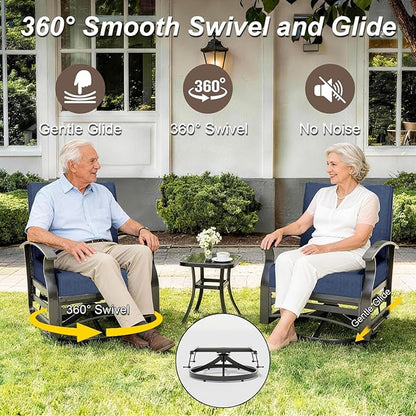 Gotland 5 Piece Patio Set, Aluminum Outdoor Swivel Chairs Set of 2 with 2 Ottoman 5.1’’ High-Resilience Seat Cushions Tempered Glass Coffee Table Removable Cushions, Metal Patio Furniture Set, Navy