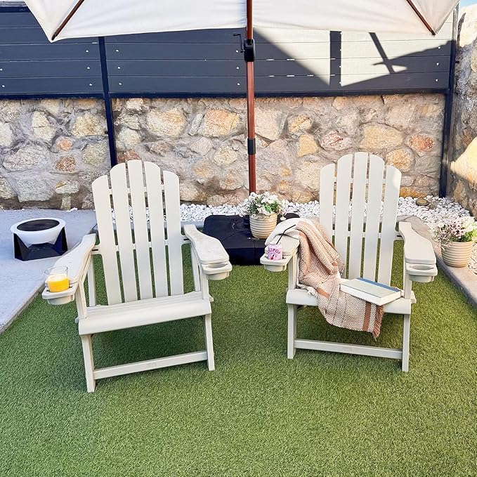 PURPLE LEAF Adirondack Chair Set of 2 HDPE All-Weather Outdoor Fire Pit Chair with 24.6" Oversized Seat Wood-Textured Patio Adirondack Chair with Dual Cup Holders for Garden Deck Backyard, Champagne