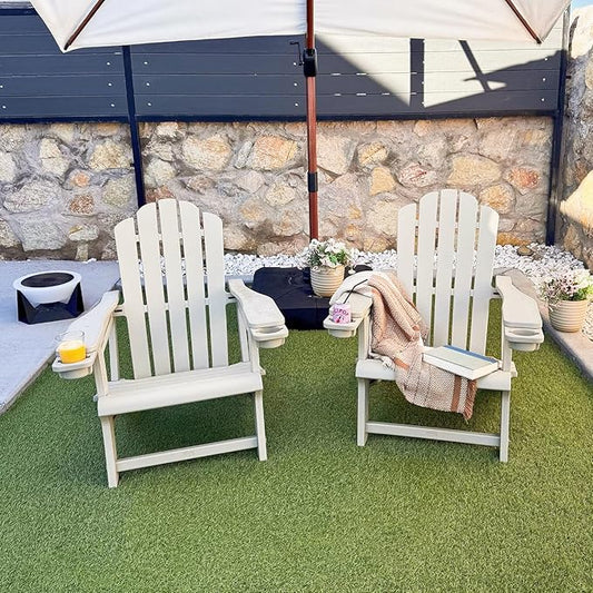 PURPLE LEAF Adirondack Chair Set of 2 HDPE All-Weather Outdoor Fire Pit Chair with 24.6" Oversized Seat Wood-Textured Patio Adirondack Chair with Dual Cup Holders for Garden Deck Backyard, Champagne