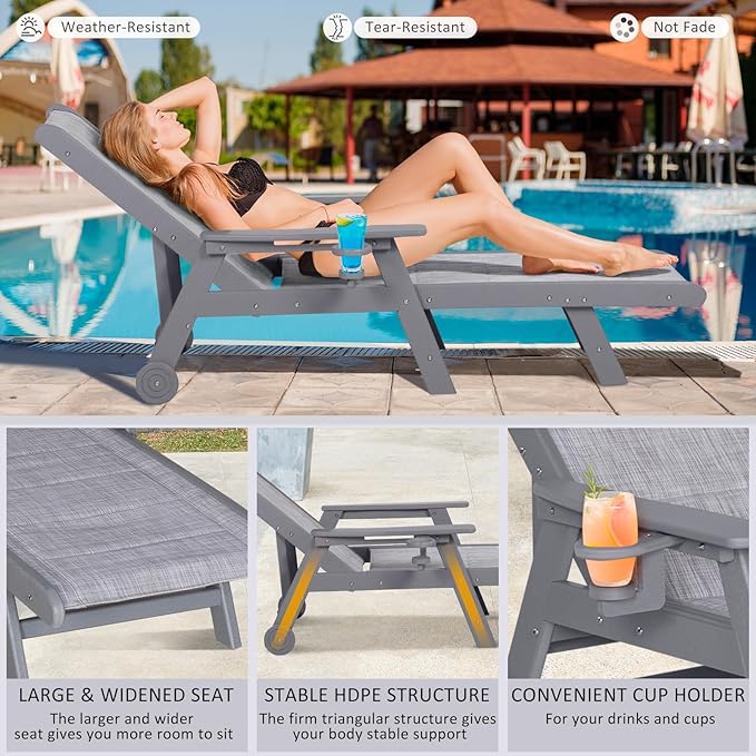 Outdoor Chaise Lounge Chair with Textilene Surface, 5-Position Adjustable Patio Lounge Chair with Wheels & Cup Holder, HDPE Pool Lounge Chair for Outside, Poolside & Beach (Grey, 1)
