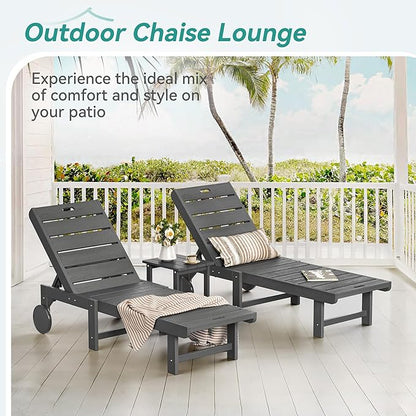 Outdoor Chaise Lounge Chairs Set of 2, 2-Piece, 26.8” Super Wide Lounge Chair Outdoor, HDPS Pool Chairs with 5 Positions, Patio Lounge Chair with Wheels for Pool,Lawn,Backyard, Dark Gray