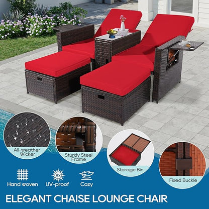 5PCS Outdoor Wicker Chaise Lounge Chair - Rattan Adjustable Reclining Patio Lounge Chair with Ottoman and Coffee Table, for Patio Beach Pool Backyard (Brown Wicker Red Cushion)