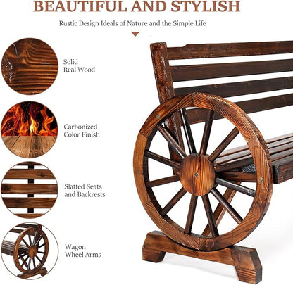 VINGLI Rustic Wooden Wheel Bench Outdoor Bench, Patio Bench Wagon Slatted Seat, Garden Benches for Outdoors 350lbs High Capacity, Weather Resistance (Rustic, 55in)