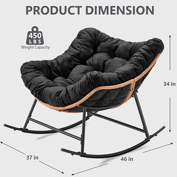 Outdoor Rocking Chair, Oversized Papasan Reading Chair Indoor with Thick Cushion, Comfy Rattan Rocker Egg Chair for Patio, Garden, Balcony, Lawn, Backyard, Bedroom, up to 450lbs, Black