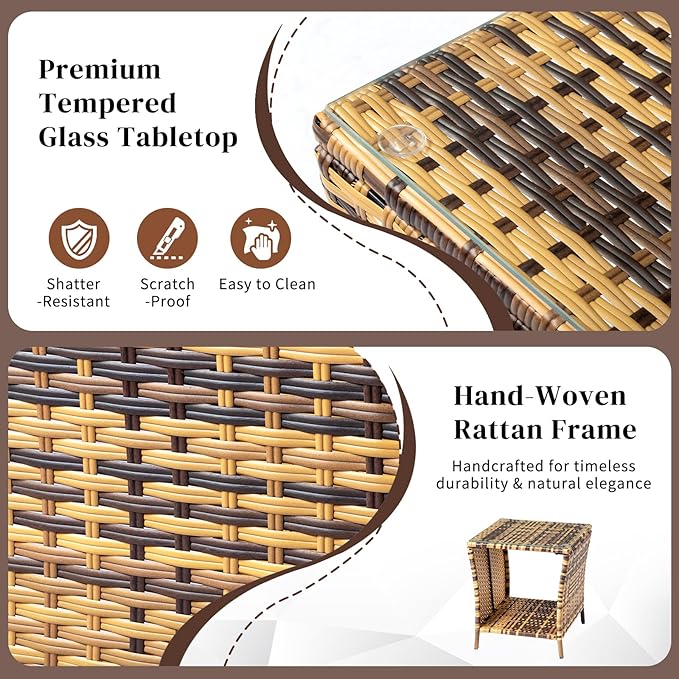 Wicker Rattan Side Table, Outdoor Square Rattan Coffee End Table Patio Wicker Table with Tempered Glass Top and Storage - Photo 6