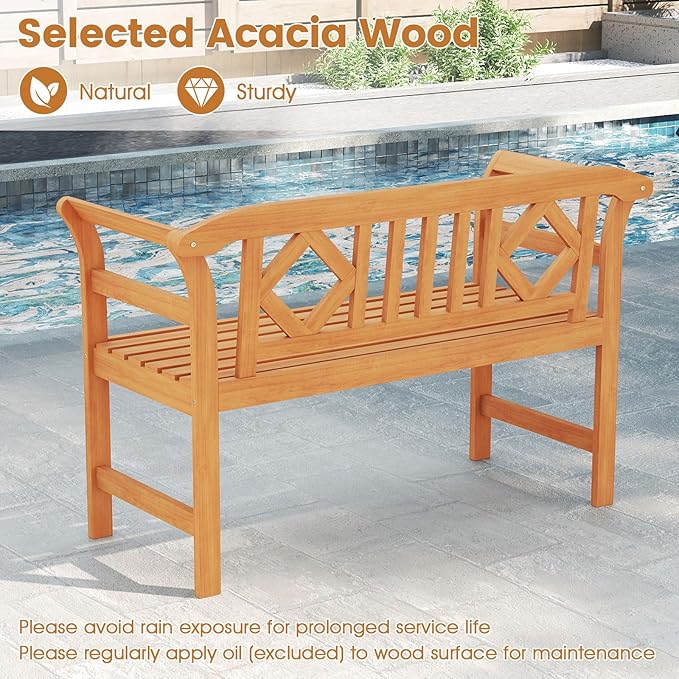RELAX4LIFE Acacia Wood Outdoor Bench - 2 Person Patio Loveseat with Backrest and Armrests, 47 inch Garden Bench for Backyard, Porch, Lawn and Poolside, 800 lbs Weight Capacity