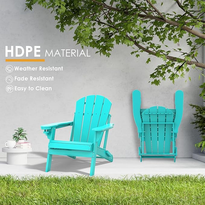 IVY&LANE Folding-Adirondack-Chairs-Set-of-4 | HDPE Plastic | Outdoor Fire Pit Chair with Cup Holder | Aqua | Poly | Weather Resistant | for Patio Deck Poolside Garden Beach