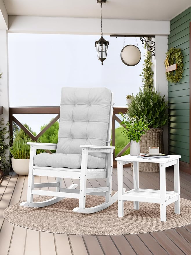 KINGYES Oversized Outdoor Rocking Chair with Cushion, All-Weather Patio Rocking Chairs, HDPE Porch Rocker for Adults, 350 lbs Capacity, White Chair with Grey Cushion