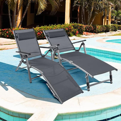 COSTWAY Folding Aluminum Lounge Chair, Outdoor Pool Lounger with 8-Position Adjustable Backrest & Ergonomic Headrest, Breathable Fabric, Ideal for Patio, Deck (2)