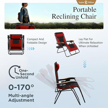 Sophia & William Oversized XXL Zero Gravity Chair Set of 2, Padded Adjustable Folding Reclining Lounge Chair Outdoor Gravity Chair with Wide Armrest and Cup Holder, Support 400 LBS, Red