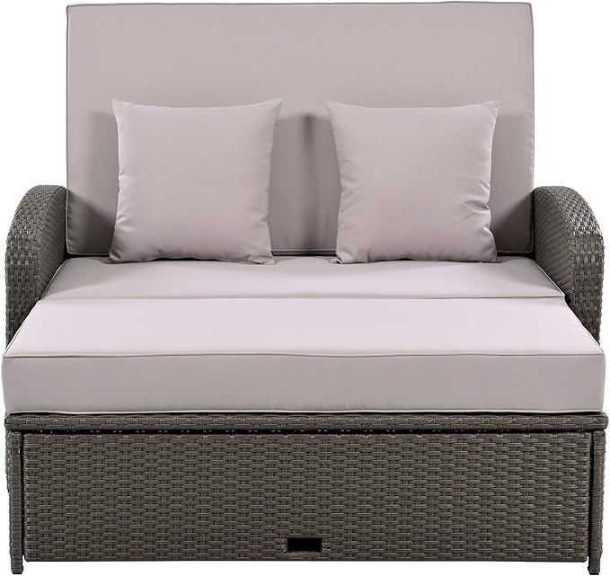 Outdoor Rattan Double Chaise Lounge, 2-Person Reclining Sunbed with 3-Height Adjustable Back - Photo 4
