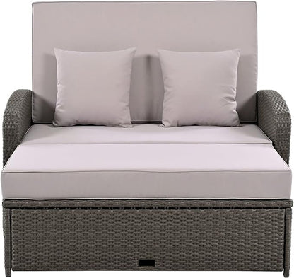 Outdoor Rattan Double Chaise Lounge,2-Person Reclining Sunbed with 3-Height Adjustable Back, Furniture Protection Cover and A Footrest (Gray/Double*F)