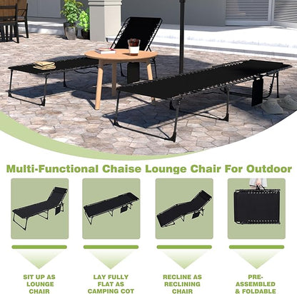 MUPATER 4-Fold Patio Chaise Lounge Chair for Outdoor with Detachable Pocket and Pillow, Portable Sun Lounger Recliner for Beach, Camping and Pool, Black