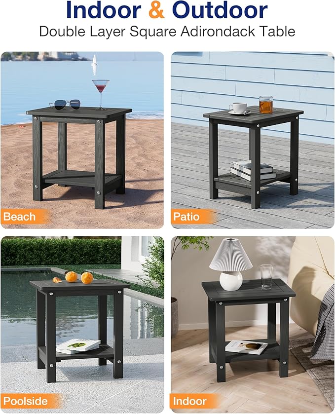 YEFU Outdoor Side Table for Patio: 16" HIPS Weather - Resistant Adirondack Tables - Waterproof Small Square End Tables for Backyard Living Room Bedroom - Indoor Outdoor Double Layer Table Dark Gray