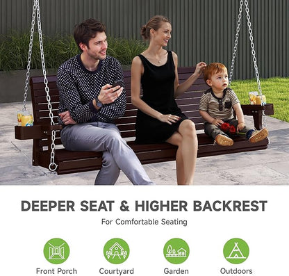 Real Relax Front Porch Swing, Wooden Upgraded 3 Person Seat Bench Swing Hanging Chair with Cup Holders, Heavy Duty 880 Lbs, 22" Deep Seat for Outdoor, Patio, Backyard, Garden, 5 FT (Brown)