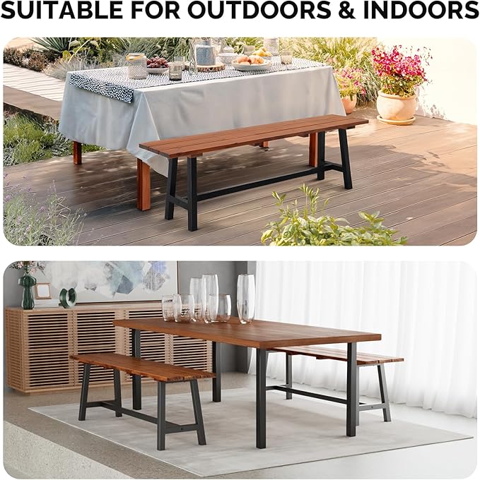VINGLI Outdoor Wooden Bench, 45” 2-Person Backless Dining Bench, Weatherproof Outdoor Patio Bench for Porch Entryway Garden (1, Brown ＆ Black)