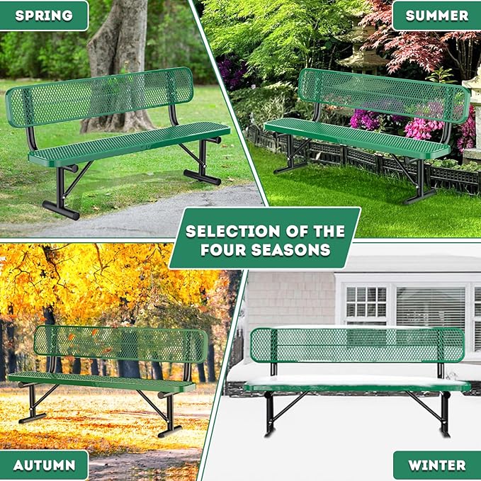 Outdoor Garden Bench, Cast Iron Metal Frame Patio Park Bench with Backrest, Portable Expanded Metal Black Bench, Commercial-Grade Outdoor Seating for Lawn, Patio, Park, Yard, Garden (Green, 6FT/72')