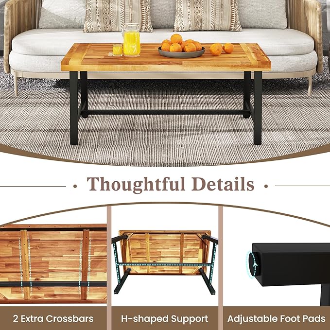 HAPPYGRILL Acacia Wood Patio Coffee Table, Outdoor Rectangular Center Table with Sturdy Metal Frame - Photo 7