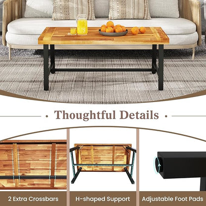 HAPPYGRILL Acacia Wood Patio Coffee Table, Outdoor Rectangular Center Table with Sturdy Metal Frame, Adjustable Leveling Feet, Tea Table for Balcony, Poolside, Porch, Deck