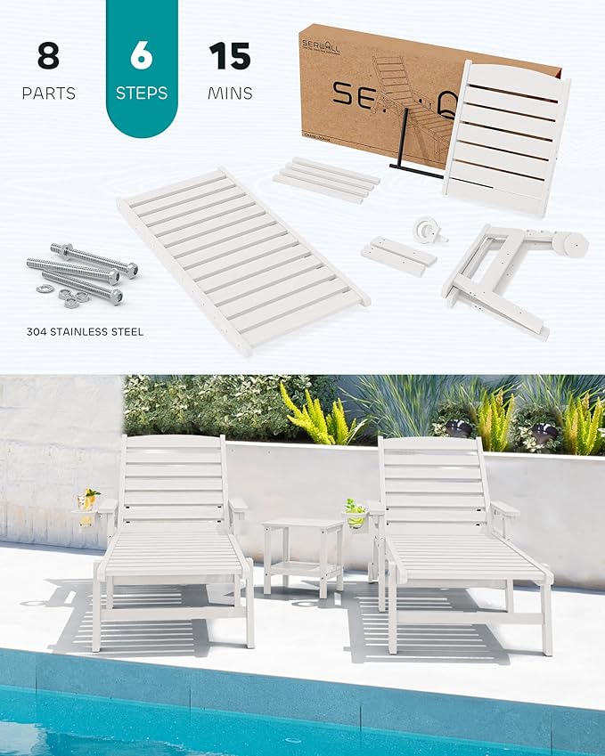 SERWALL Patio Chaise Lounge Chair Set of 6, 5 Positions Adjustable Poly Outdoor Lounger for Pool - Photo 5