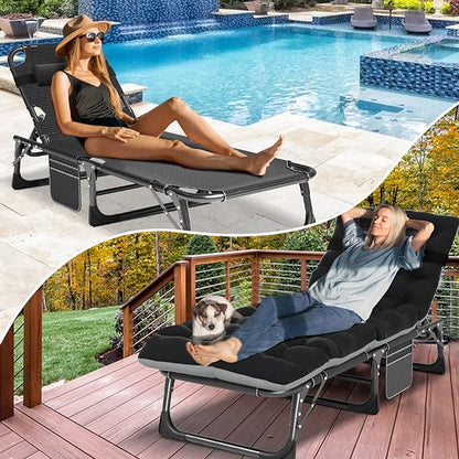 DoCred Heavy Duty Chaise Lounge Chair, Adjustable 5-Position Folding Chaise Lounge Chairs for Outside, Portable Lay Flat Beach Lounge Chair for Outdoor Sunbathing Beach Pool Lawn Camping