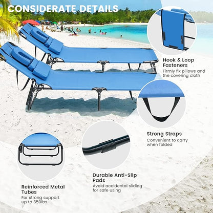 GYMAX Tanning Chair, 330lbs Beach Lounge Chair with Face Hole, Washable Pillow & Carry Strap, Adjustable Folding Chaise Lounge, Layout Lounger for Outside, Patio, Poolside, Lawn (2, Blue)