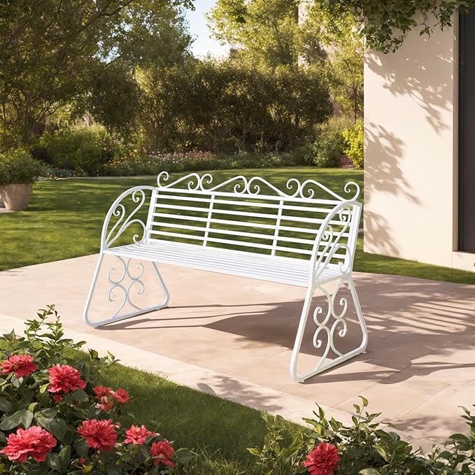 2-Seat Patio Porch Bench 45"，Outdoor Metal Garden Bench，Weather Proof Porch Path Chair，Patio Bench with Backrest and Armrests，Patio Bench for Lawn Path Yard Decor Deck Furniture(White)