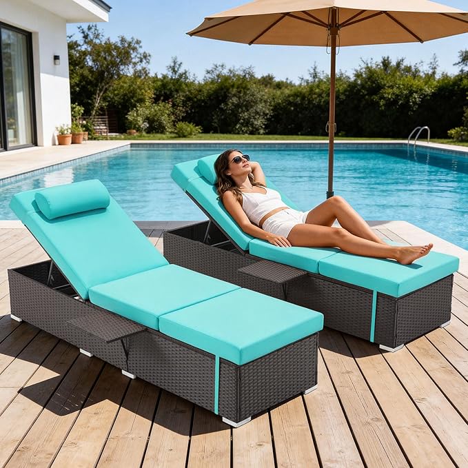Outdoor Chaise Lounge with Adjustable Backrest Set of 4, 6-Position Reclining Lounger Pool Chair, Thick 3-Inch Cushion & Side Tray, All-Weather PE Wicker for Outdoor, Backyard, Deck (Blue)
