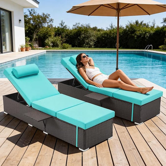 Outdoor Chaise Lounge with Adjustable Backrest Set of 2, 6-Position Reclining Lounger Pool Chair, Thick 3-Inch Cushion & Side Tray, All-Weather PE Wicker for Outdoor, Backyard, Deck (Blue)