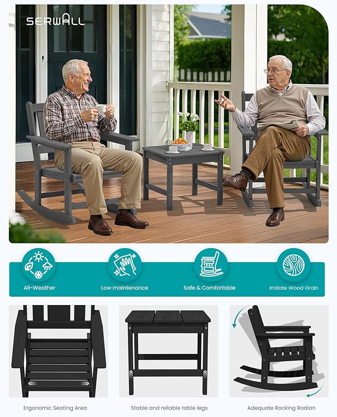 SERWALL Outdoor Rocking Chair Set of 2 with Side Table, All-Weather HDPE 3 Piece Patio Furniture Set - Photo 6