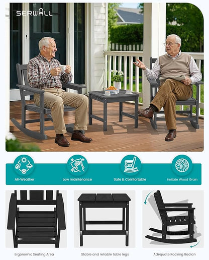 SERWALL Outdoor Rocking Chair Set of 2 with Side Table, All-Weather HDPE 3 Piece Patio Furniture Set, Outdoor Bistro Set with Pre-Drilled Umbrella Hole for Porch Deck Lawn Balcony, Black