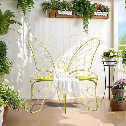 Butterfly Shaped Outdoor Bench, Golden Yellow Garden Bench with Sturdy Stable Metal Frame, Outdoor Metal Chair Butterfly Bench for Garden, Yard, Balcony, Lawn.(Golden Yellow/Small)