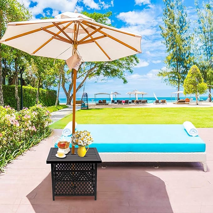 Outdoor Patio Bistro Coffee Table Side Table with 1.57" Umbrella Hole, Small Metal Square, for Garden, Pool, Deck, Black