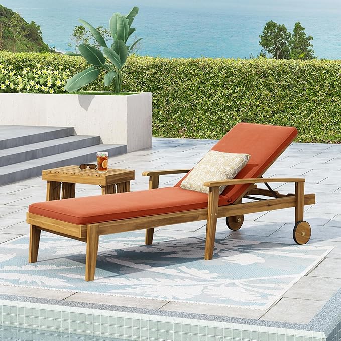 Outdoor Chaise Lounge Chair, Pool Lounge Chairs with Wheels, 5-Position Adjustable Backrest & Wood Frame, Patio Lounge Chair for Pool Poolside Sunbathing Backyard Beach (Orange)