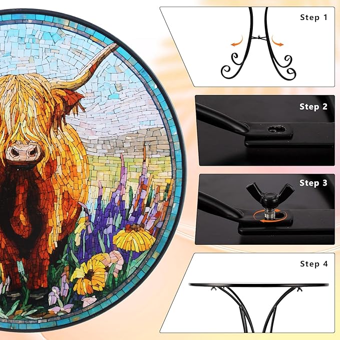 18" Outdoor Side Table, Highland Cattle Round Accent Table, Metal Indoor Small End Tables, Plant Stand Tables for Patio Yard Balcony Garden Bedside